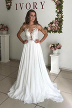 A-Line White Chiffon Appliques See Through Boho Wedding Dress