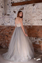 A-line White Lace Grey Tulle Strapless Sweetheart Neck Wedding Dress