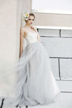A-line White Lace Grey Tulle Strapless Sweetheart Neck Wedding Dress