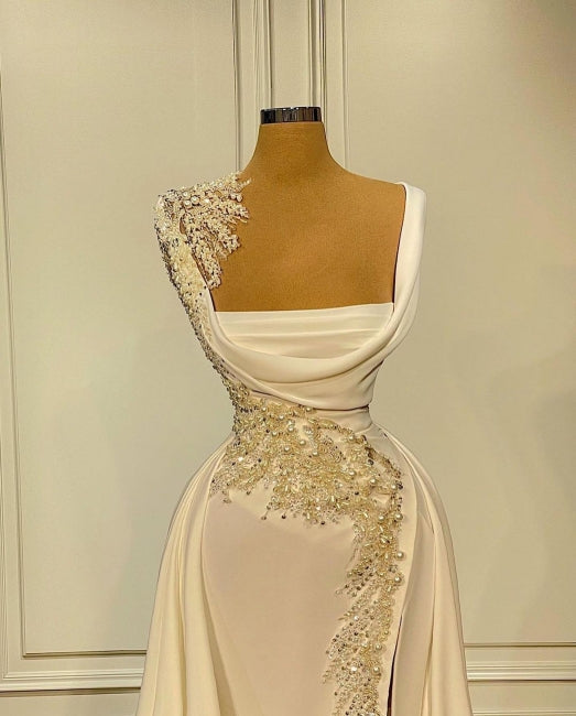 A-Line Wide Straps Square Neckline Beading Prom Dress With Side Slit