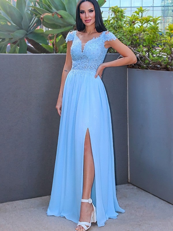 A-Line/Elegant Floor-Length Off-the-Shoulder Sleeveless Chiffon Applique Prom Dresses