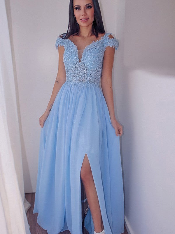 A-Line/Elegant Floor-Length Off-the-Shoulder Sleeveless Chiffon Applique Prom Dresses