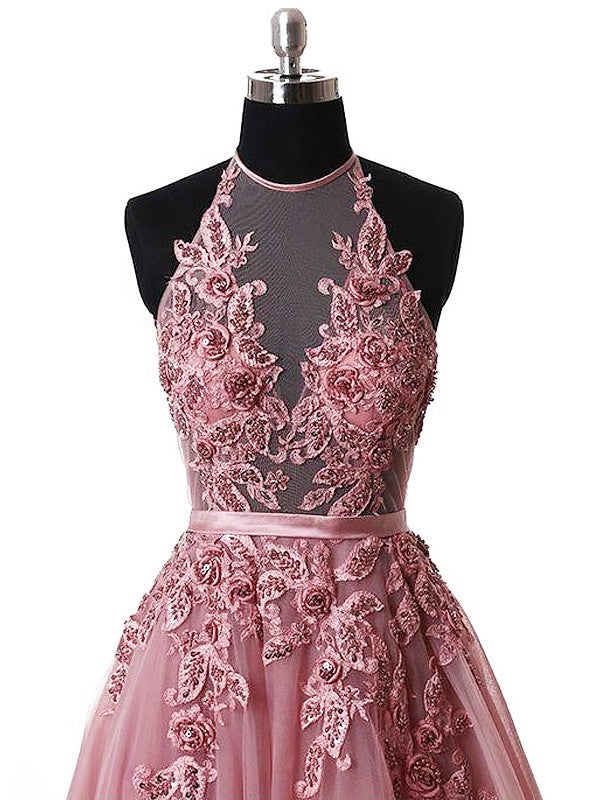 A-Line/Elegant Halter Sleeveless Applique Tulle Prom Dresses