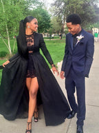A-Line/Elegant Long Sleeves Jewel Lace Satin Prom Dresses