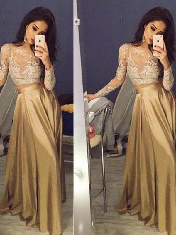A-Line/Elegant Long Sleeves Scoop Taffeta Applique Floor-Length Two Piece Prom Dresses
