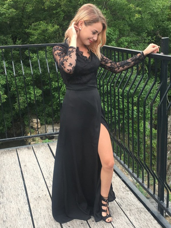 A-Line/Elegant Long Sleeves V-neck Floor-Length Lace Chiffon Applique Prom Dresses