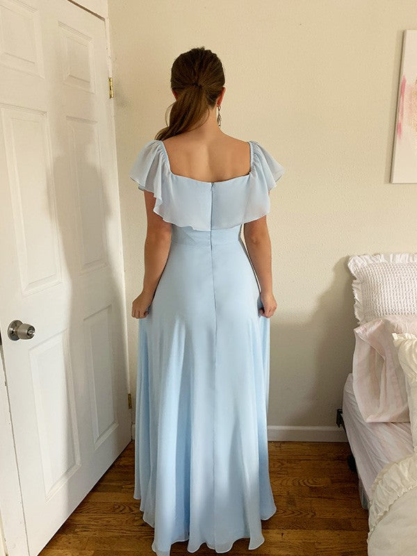 A-Line/Elegant Off-the-Shoulder Beading Chiffon Floor-Length Sleeveless Prom Dresses