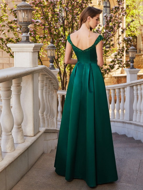 A-Line/Elegant Off-the-Shoulder Sequin Sleeveless Satin Floor-Length Prom Dresses