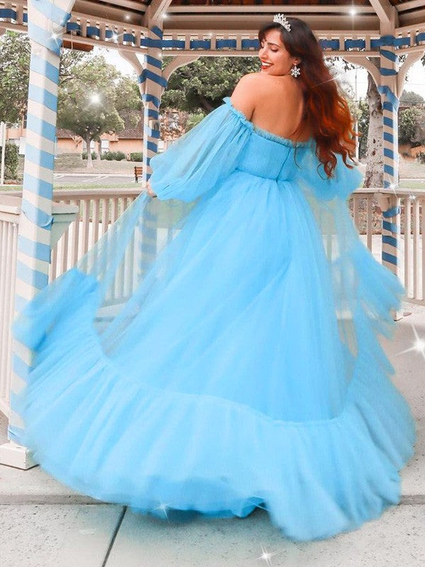 A-Line/Elegant Off-the-Shoulder Tulle Applique Long Sleeves Floor-Length Prom Dresses