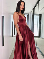 A-Line/Elegant Ruffles V-neck Satin Sleeveless Prom Dresses