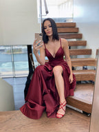 A-Line/Elegant Ruffles V-neck Satin Sleeveless Prom Dresses