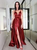 A-Line/Elegant Ruffles V-neck Satin Sleeveless Prom Dresses