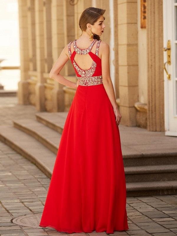 A-Line/Elegant Scoop Beading Sleeveless Floor-length Chiffon Prom Dresses