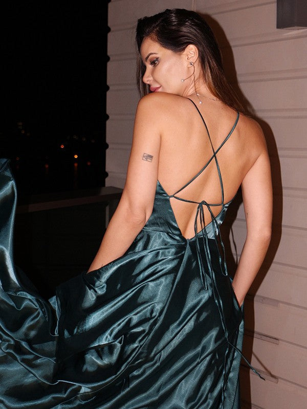 A-Line/Elegant Silk like Satin V-neck Ruffles Sleeveless Floor-Length Prom Dresses