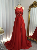 A-Line/Elegant Sleeveless Halter Chiffon Applique Prom Dresses