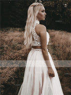 A-Line/Elegant Sleeveless High Neck Tulle Beading Floor-Length Prom Dresses
