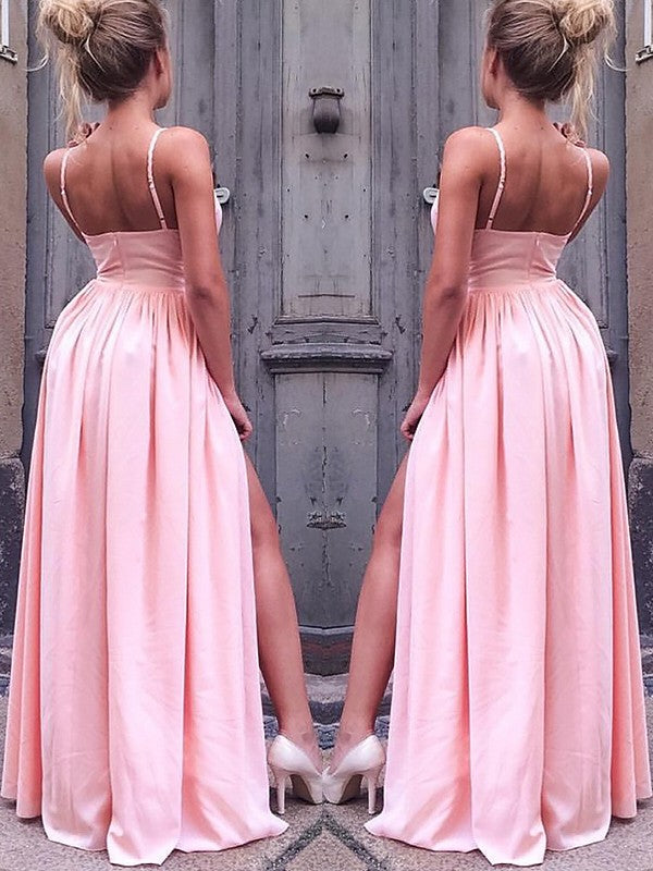 A-Line/Elegant Sleeveless Straps Floor-Length Ruched Silk like Satin Prom Dresses