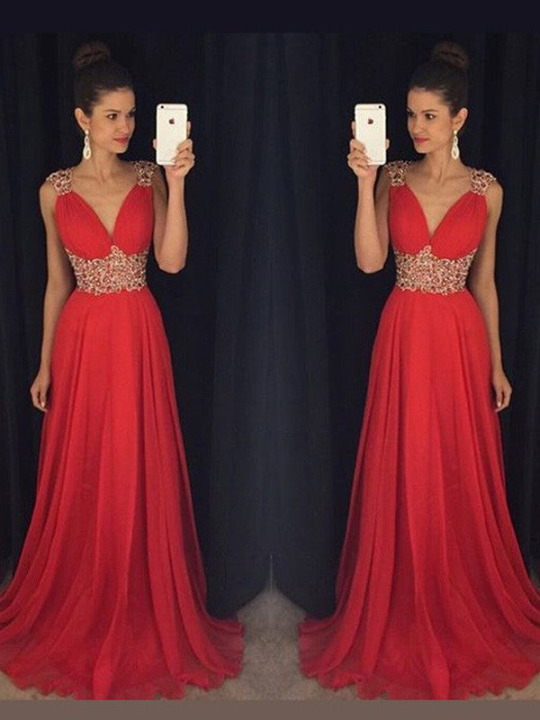 A-Line/Elegant Sleeveless V-neck Beading Floor-Length Chiffon Prom Dresses