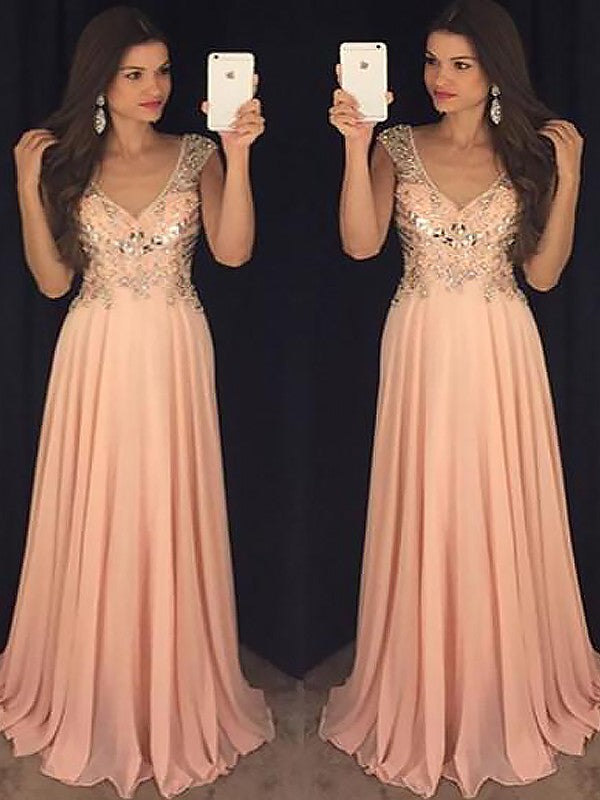 A-Line/Elegant Sleeveless V-neck Chiffon Paillette Floor-Length Prom Dresses