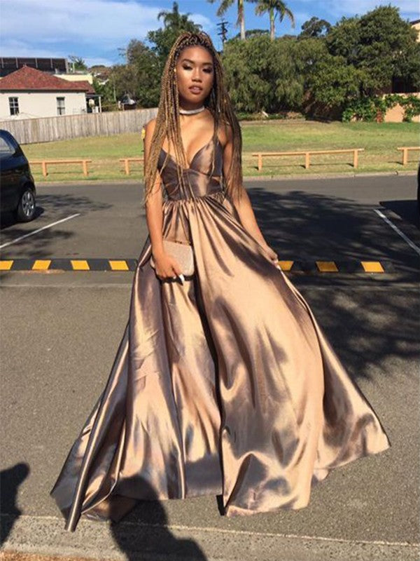 A-Line/Elegant Sleeveless V-neck Floor-Length Ruffles Satin Prom Dresses