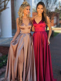 A-Line/Elegant Sleeveless V-neck Ruffles Elastic Woven Satin Prom Dresses