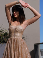 A-Line/Elegant Spaghetti Straps Sequins Sleeveless Ruffles Prom Dresses