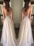 A-Line/Elegant Spaghetti Straps Sleeveless Applique Chiffon Prom Dresses