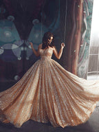 A-Line/Elegant Spaghetti Straps Tulle Sequin Sleeveless Prom Dresses