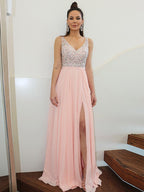 A-Line/Elegant Straps Beading Sleeveless Chiffon Floor-Length Prom Dresses