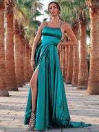 A-Line/Elegant Straps Sleeveless Ruffles Silk like Satin Prom Dresses
