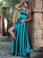 A-Line/Elegant Straps Sleeveless Ruffles Silk like Satin Prom Dresses