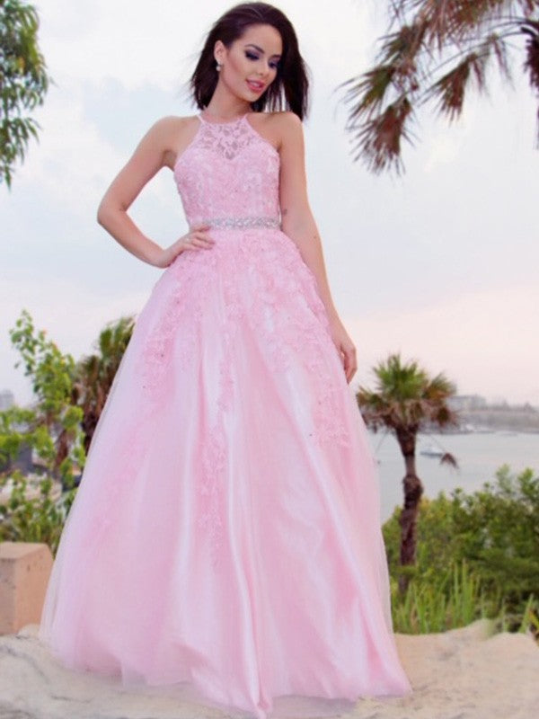 A-Line/Elegant Tulle Applique Halter Sleeveless Floor-Length Prom Dresses