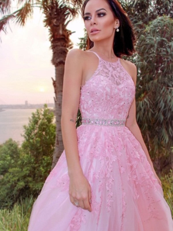 A-Line/Elegant Tulle Applique Halter Sleeveless Floor-Length Prom Dresses