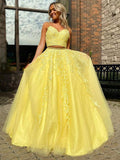 A-Line/Elegant Tulle Applique Sleeveless V-neck Floor-Length Two Piece Prom Dresses