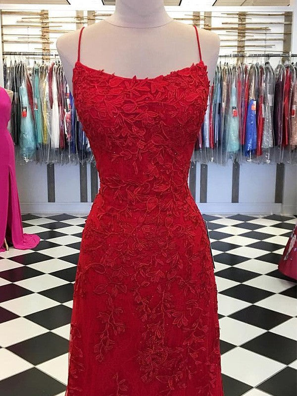 A-Line/Elegant Tulle Applique Spaghetti Straps Sleeveless Prom Dresses