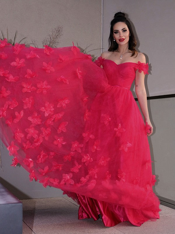 A-Line/Elegant Tulle Hand-Made Flower Off-the-Shoulder Sleeveless Floor-Length Prom Dresses