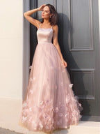 A-Line/Elegant Tulle Hand-Made Flower Straps Floor-Length Sleeveless Prom Dresses