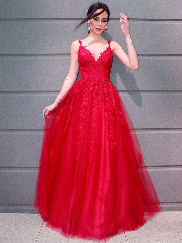 A-Line/Elegant Tulle V-neck Floor-Length Applique Sleeveless Prom Dresses