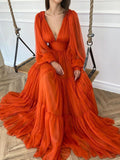 A-Line/Elegant V-neck Long Sleeves 3D Chiffon Ruffles Prom Dresses