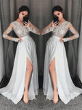 A-Line/Elegant V-neck Long Sleeves Lace Chiffon Prom Dresses