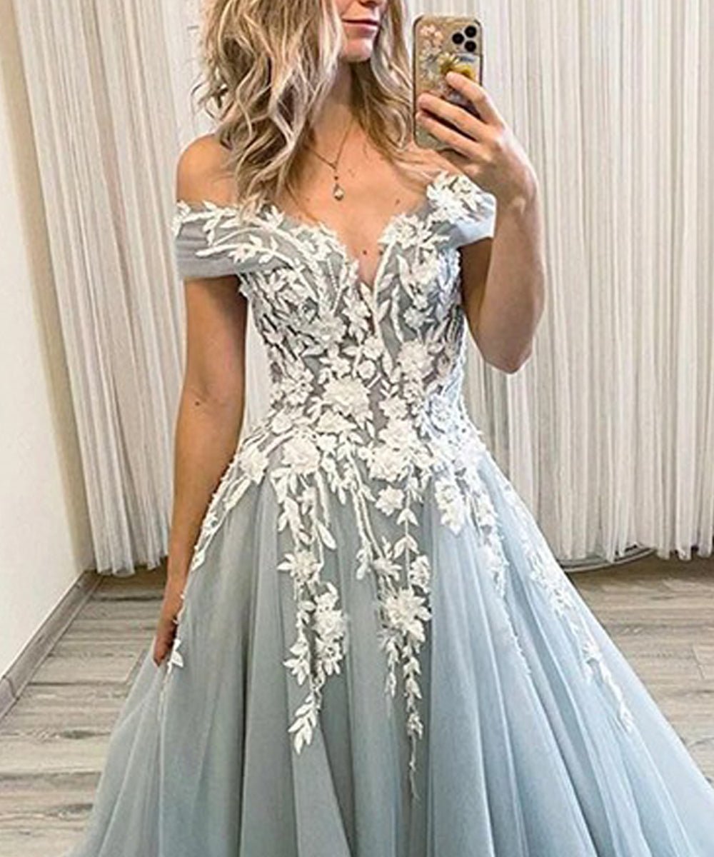 A-Line Tulle Applique Off-the-Shoulder Sleeveless Sweep/Brush Train Dresses