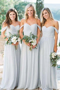 A-lline Chiffon Off the Shoulder Silver Beach Bridesmaid Dresses BD073