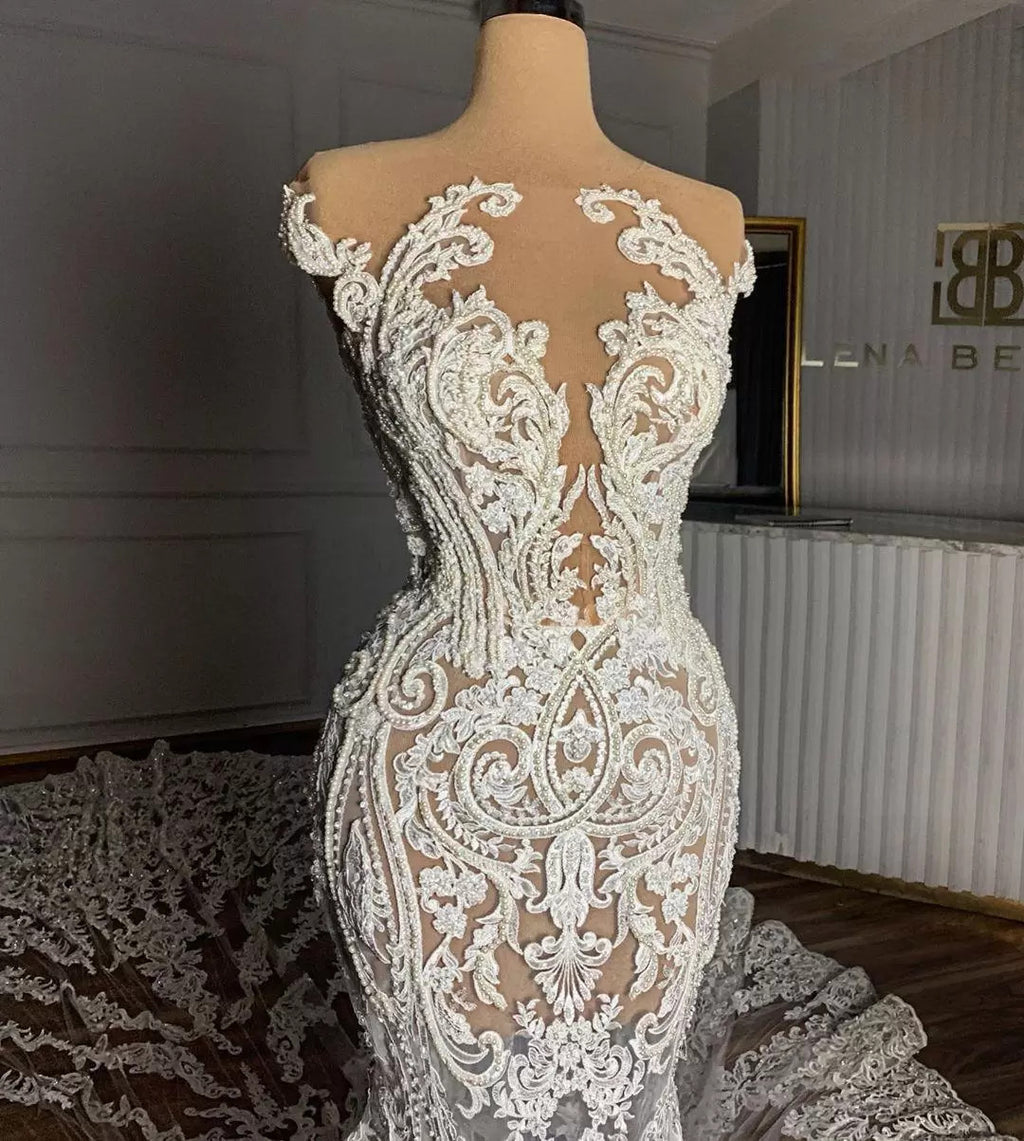 Mermaid Lace Wedding Dress With Beading And Appliques Sleeveless Built In Bra