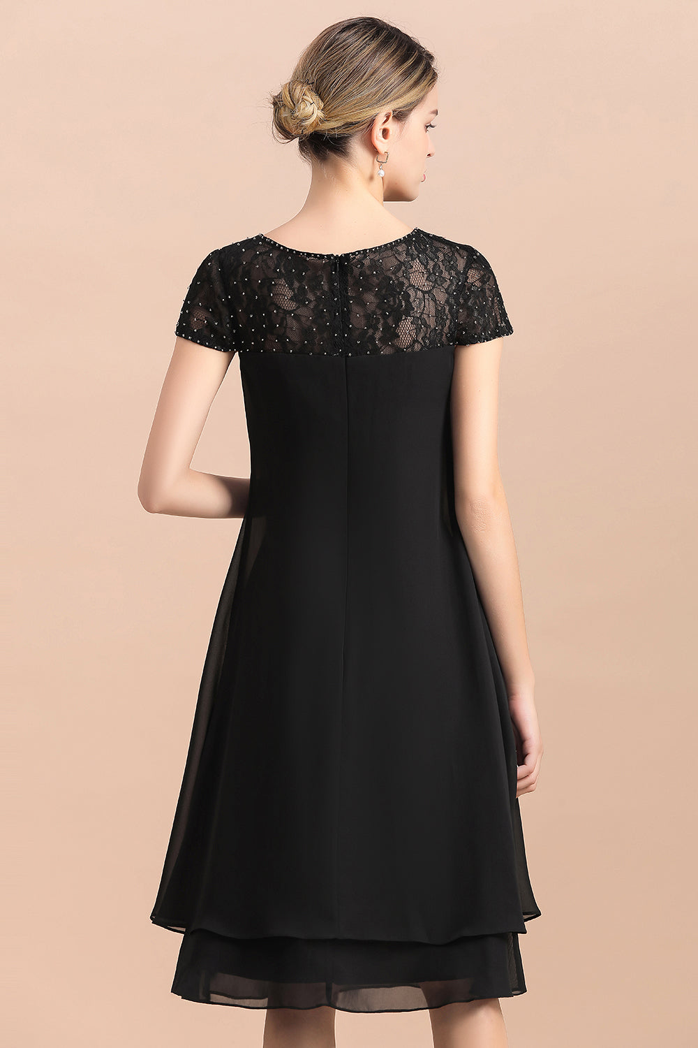 BMbridal Chic Black Cap Sleeve Mother of Bride Dress Chiffon Short Wedding Party Gowns