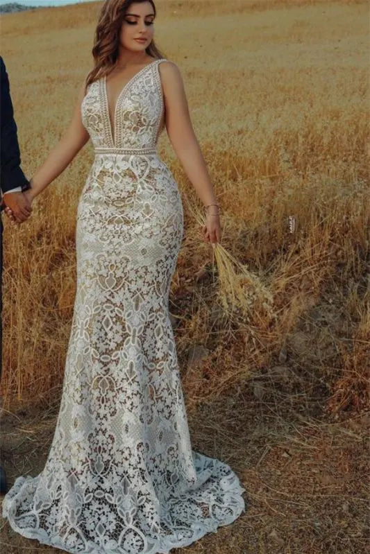 Mermaid V Neck Empire Wedding Dress With Lace Beading