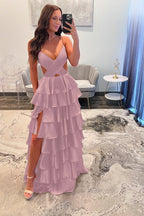 Spaghetti Strap Sleeveless Prom Dress With Ruffles And Long Split
