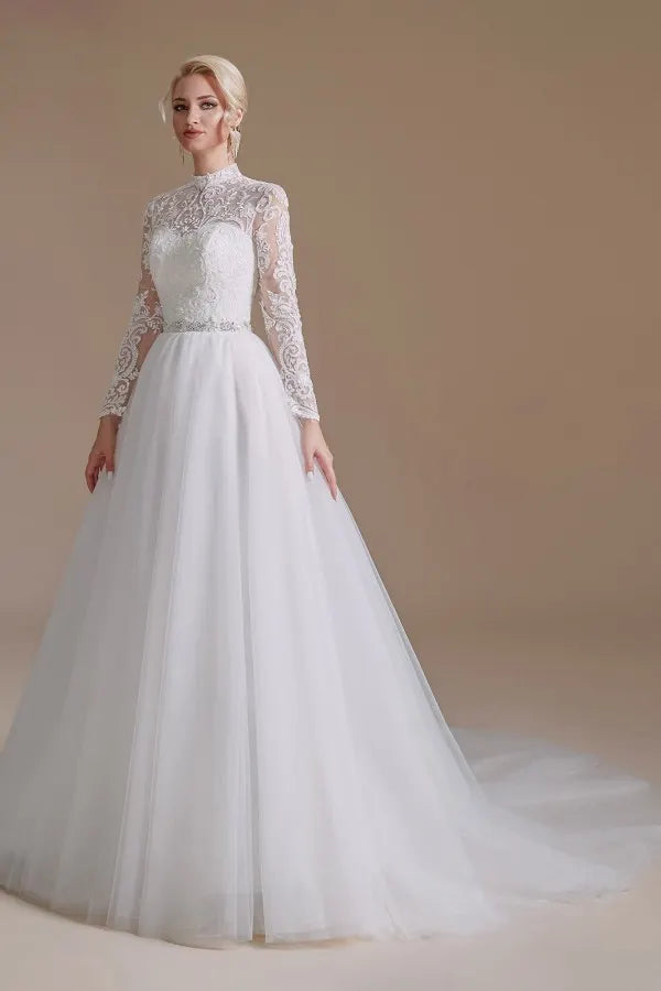 Luxury Long Sleeves A Line High Neck Wedding Dress With Tulle Lace