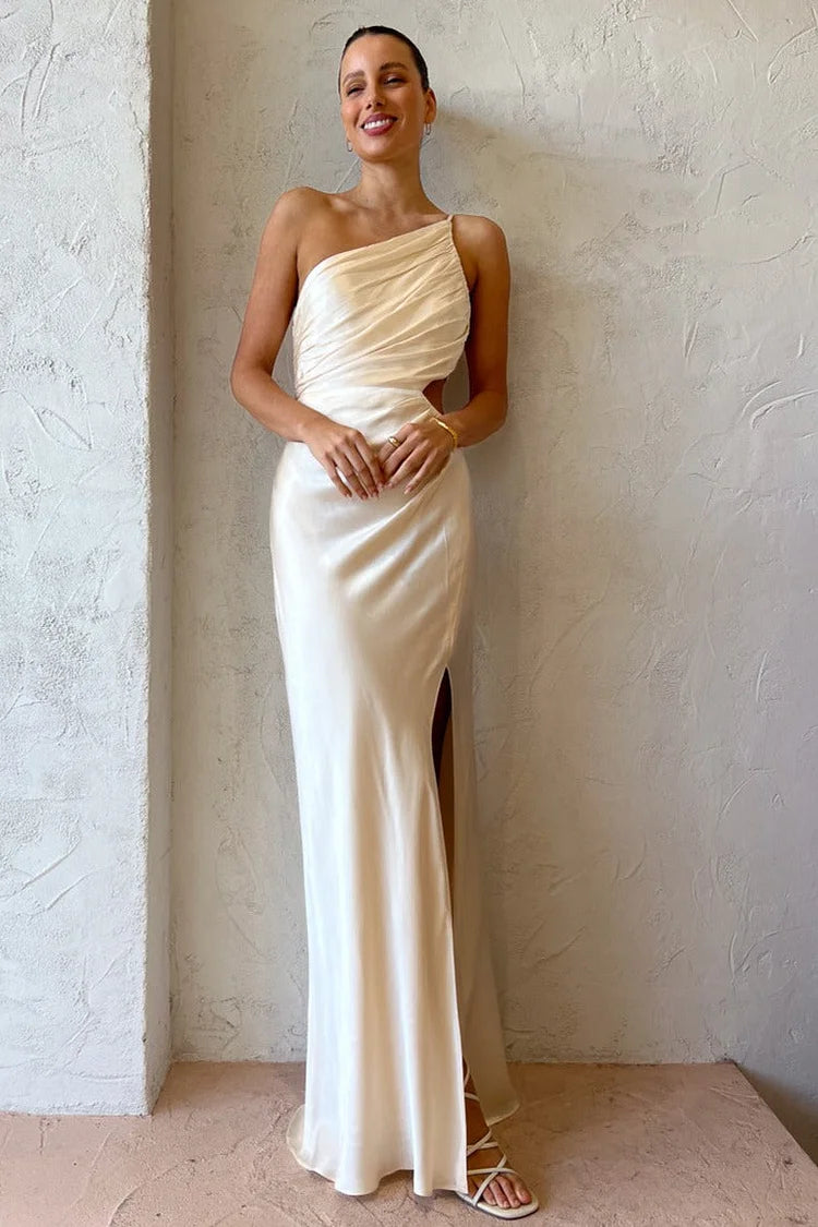 Abito da Sera Maxi Cami con Spalla Scoperta, Spacco Alto e Drappeggio