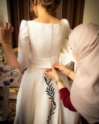 Classic Satin Long A Line Bateau Wedding Dress With Sleeves