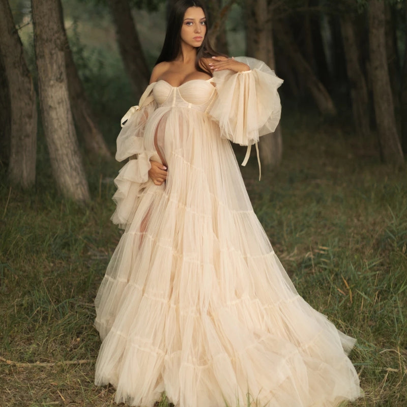 Vestido de tule pregueado para grávidas, vestido para fotografia de grávidas, vestido para chá de bebé